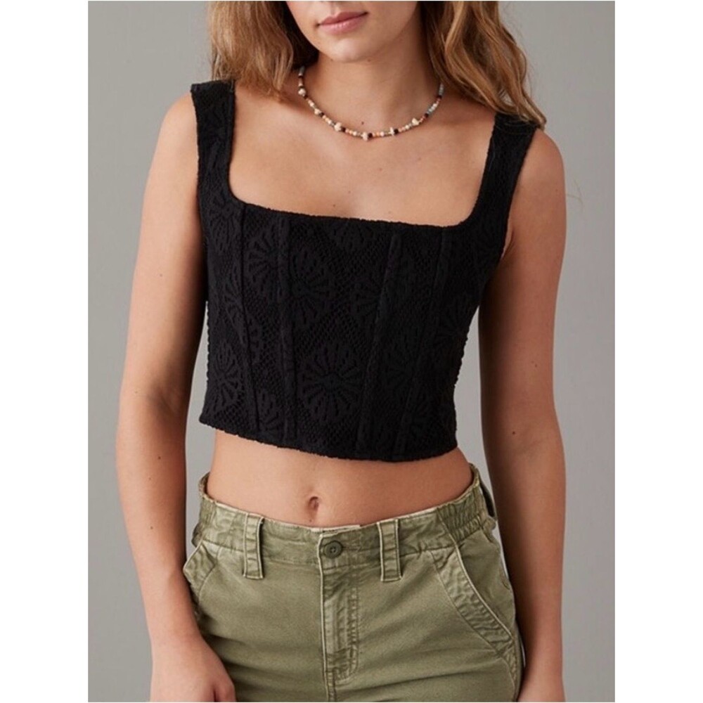 NEW American Eagle Black Square Neck Lace Cropped Corset Top Women’s Size Medium